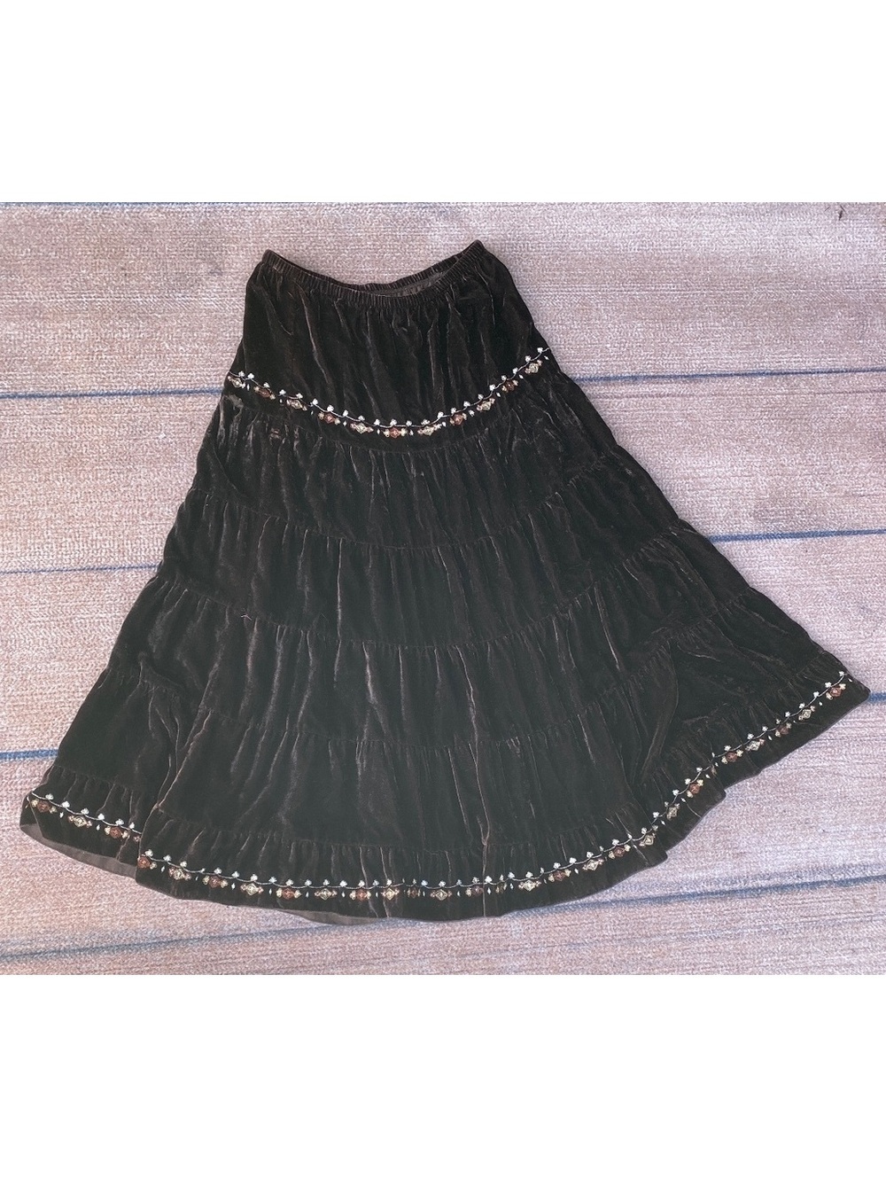 Boho chic chocolate brown embroidered tiered velvet maxi skirt Ren Faire fairy M